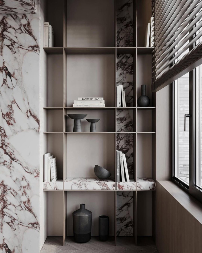 شلف و کتابخانه مدرن مدل ماربل ترکیب سنگ و فلزwe.casa